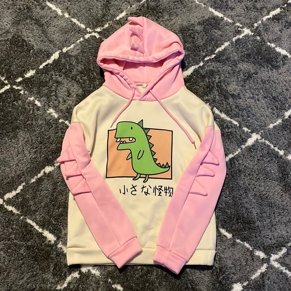 Pink and cream dinosaur hoodie , Japanese writing , kawaii